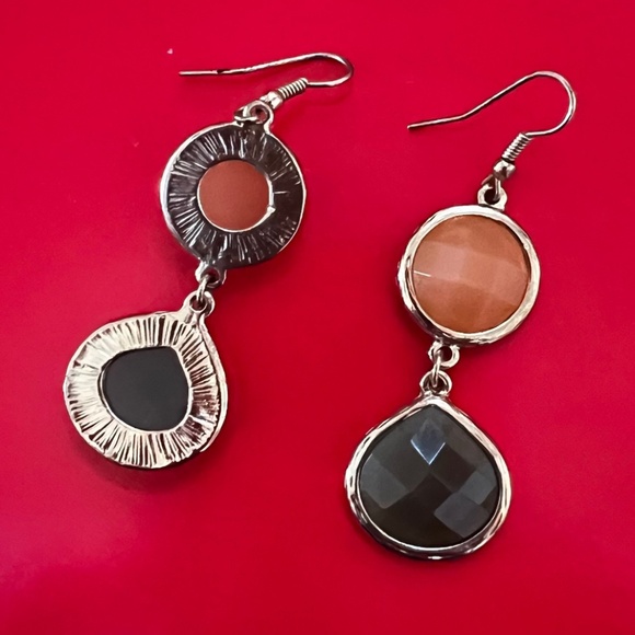Loft Drop Earrings. Pink and green stone in a gold tine setting. - Picture 2 of 4